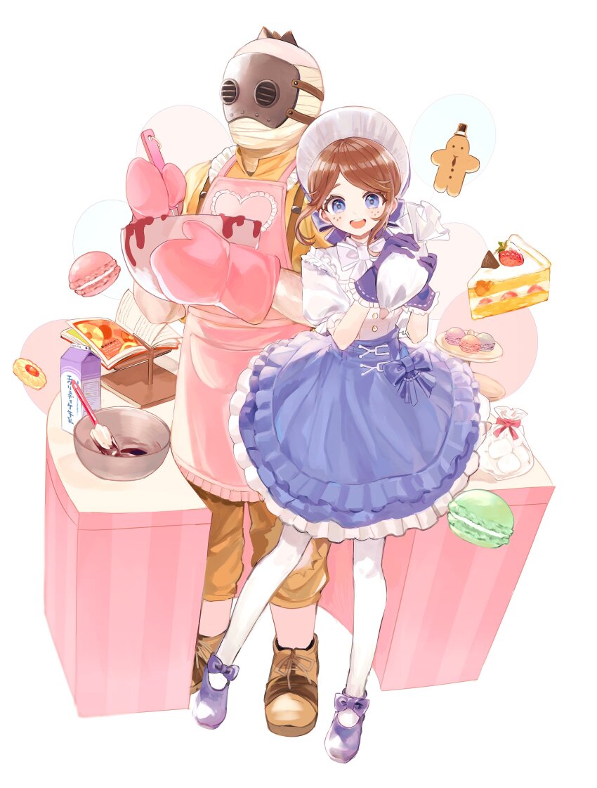 1boy 1girl :d absurdres apron bandaged_head bandages blue_bow blue_eyes blue_footwear blue_gloves blue_headwear blue_skirt bonnet book book_stand bow bowl bowtie brown_footwear brown_hair brown_pants cake cake_slice cookie cooking counter emma_woods emma_woods_(boudoir_dream) father_and_daughter food footwear_bow freckles frilled_apron frilled_skirt frills full_body gingerbread_man gloves highres hoge_(n8sss) holding holding_bowl holding_pastry_bag holding_whisk identity_v leo_beck looking_at_viewer macaron marshmallow mask milk_carton mixing_bowl open_book open_mouth oven_mitts pants pantyhose pastry_bag pink_apron popped_collar puffy_short_sleeves puffy_sleeves shirt shoes short_hair_with_long_locks short_sleeves skirt smile spatula standing strawberry_shortcake suspenders teeth thumbprint_cookie tiered_tray upper_teeth_only whisk white_background white_bow white_bowtie white_pantyhose white_shirt yellow_shirt