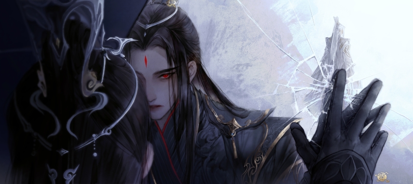 2boys absurdres black_gloves black_hair black_hanfu broken_glass chinese_clothes curtained_hair facial_mark from_behind glass gloves hair_over_shoulder hanfu highres huadian jianxia_qingyuan_(series) jianxia_qingyuan_online_3 long_hair long_sidelocks looking_at_reflection male_focus multiple_boys parted_bangs parted_hair parted_lips qing_hua red_eyes reflection sidelocks slit_pupils solo_focus teeth upper_body white_hair white_hanfu xiao_guan_(headdress)