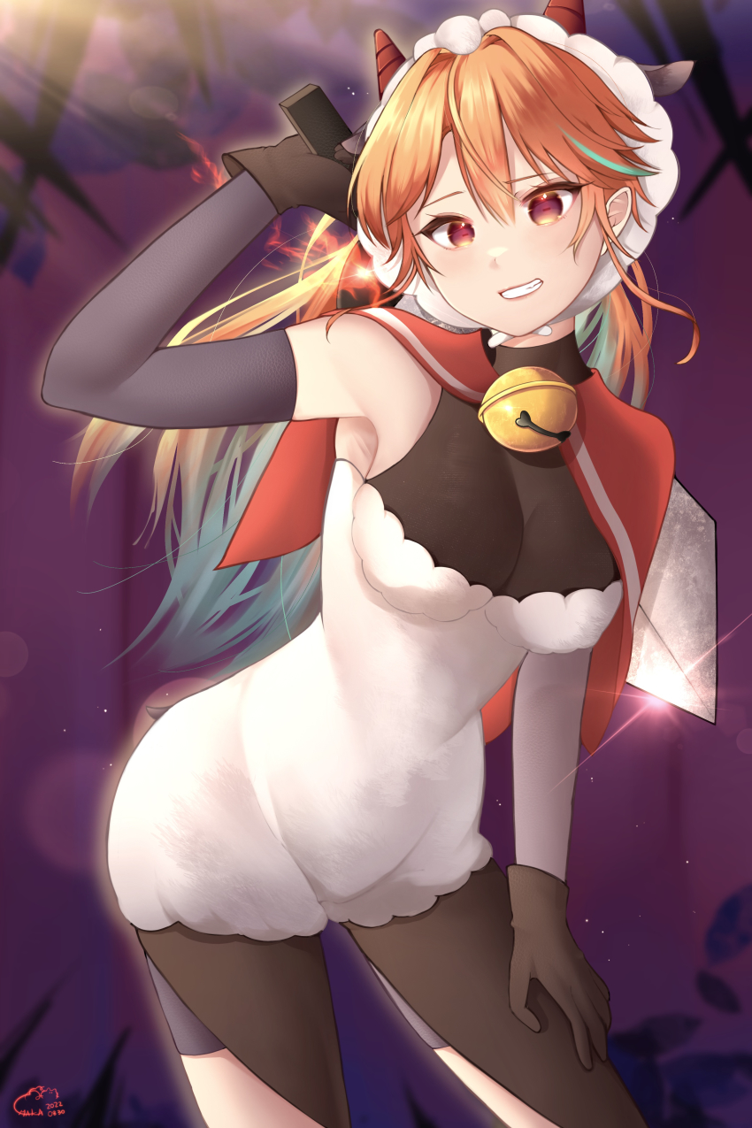 absurdres bare_shoulders bell breasts capelet colored_inner_hair cosplay covered_erect_nipples cowboy_shot cult_of_the_lamb detached_sleeves gloves grey_hair grin hair_intakes hand_on_own_thigh highres hololive hololive_english hood horizontal_pupils jingle_bell leaning_forward long_hair looking_at_viewer maka_aratame medium_breasts multicolored_hair neck_bell orange_hair purple_eyes smile takanashi_kiara the_lamb_(cult_of_the_lamb)_(cosplay) virtual_youtuber wool wool_dress