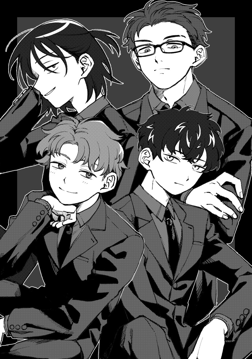4boys :| absurdres buttoned_cuffs buttons closed_mouth collared_shirt eyebrow_cut facing_to_the_side formal_clothes futsuu_no_keion-bu glasses greyscale hand_on_own_chin head_rest highres holding_own_arm jacket lapels light_blush looking_at_viewer looking_to_the_side male_focus mizuo_haruichi monochrome multiple_boys necktie notched_lapels official_alternate_costume official_alternate_hairstyle protocol._(futsuu_no_keion-bu) rra_(yj) shirt smirk suit suit_jacket taguchi_ryuuya takami_kouki tohno_gen wrist_cuffs