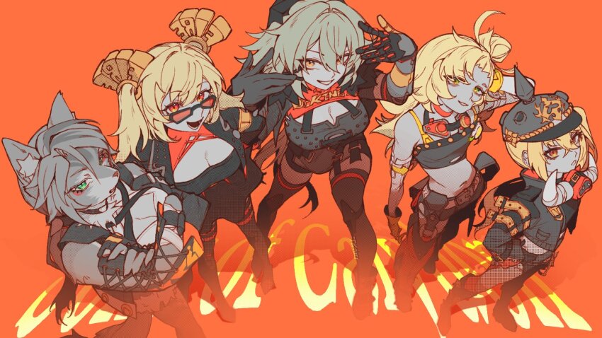 5girls animal_ear_fluff animal_ears black_gloves black_helmet black_horns black_jacket black_shorts black_thighhighs blonde_hair body_fur breasts burnice_white caesar_king_(zenless_zone_zero) cat_ears cat_girl cat_tail cleavage combat_helmet crop_top detached_sleeves eyewear_on_head fingerless_gloves fur-trimmed_jacket fur_trim furry furry_female gloves goggles green_eyes green_hair hair_between_eyes hair_bun hair_intakes hair_ornament helmet horns interspecies jacket large_breasts long_hair looking_at_viewer luciana_de_montefio midriff multicolored_fur multiple_girls navel open_mouth piper_wheel prosthesis prosthetic_arm pulchra_fellini red-tinted_eyewear red_eyes shorts side_ponytail skirt small_breasts smile spiked_belt suimi_esse sunglasses tail thighhighs tinted_eyewear twintails yellow_eyes yellow_fur yellow_gloves zenless_zone_zero
