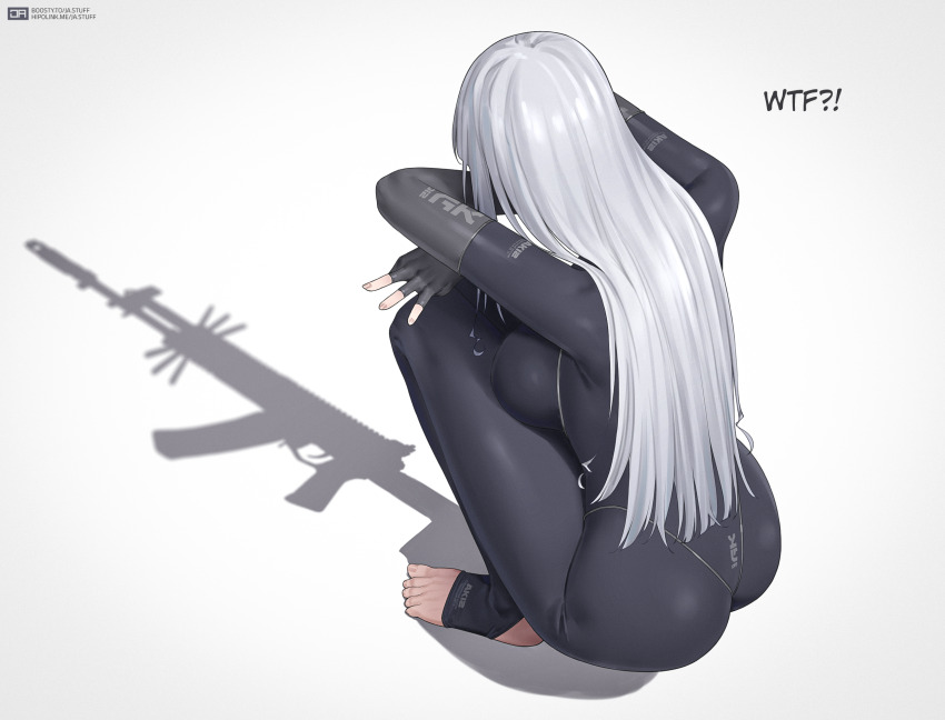 1girl ak-12_(girls&#039;_frontline) ass black_bodysuit black_gloves bodysuit breasts cat_shadow_puppet_(meme) commentary different_shadow english_text fingerless_gloves from_behind girls&#039;_frontline gloves grey_hair highres j_adsen large_breasts long_hair meme simple_background solo squatting stirrup_legwear toeless_legwear toes white_background