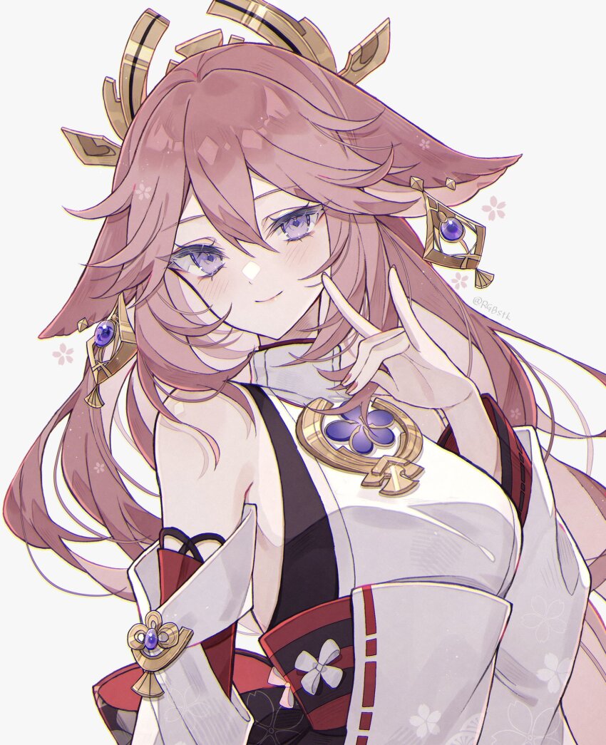1girl animal_ears bare_shoulders blush breasts closed_mouth detached_sleeves earrings fingernails fox_shadow_puppet genshin_impact highres jewelry large_breasts long_hair looking_at_viewer nail_polish pink_hair pink_nails purple_eyes satsuki_(miicat) simple_background smile solo twitter_username white_background yae_miko