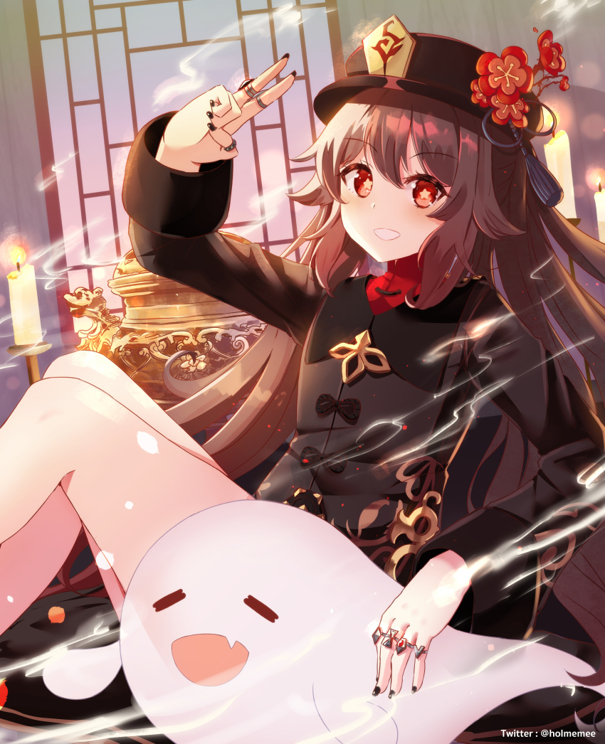 1girl absurdres arm_up black_hat black_jacket black_nails blush brown_hair candle commentary_request feet_out_of_frame fire genshin_impact ghost grin hair_between_eyes hat highres holmemee hu_tao_(genshin_impact) jacket jewelry knees_up long_sleeves looking_at_viewer nail_polish red_eyes ring smile smoke solo star-shaped_pupils star_(symbol) symbol-shaped_pupils twitter_username
