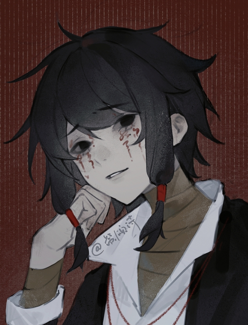 1boy black_eyes black_hair chinese_commentary collared_shirt commentary_request facepaint head_rest highres jacket long_sleeves male_focus open_clothes open_jacket red_background shirt short_hair sidelocks solo striped_background touqi_guaitan upper_body white_shirt zansong_shi ziche_fuzhao