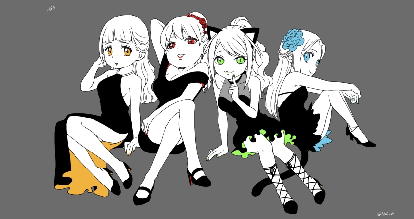 arms_on_knees black_dress blue_flower breasts cleavage crossed_legs dress fishnets flower flower_fairy_(osomatsu-kun) fukai_(yas_lions) hashimoto_nyaa high_heels highres jyushimatsu&#039;s_girlfriend large_breasts osomatsu-san osomatsu_(series) red_lips side_slit sitting small_breasts spot_color yowai_totoko