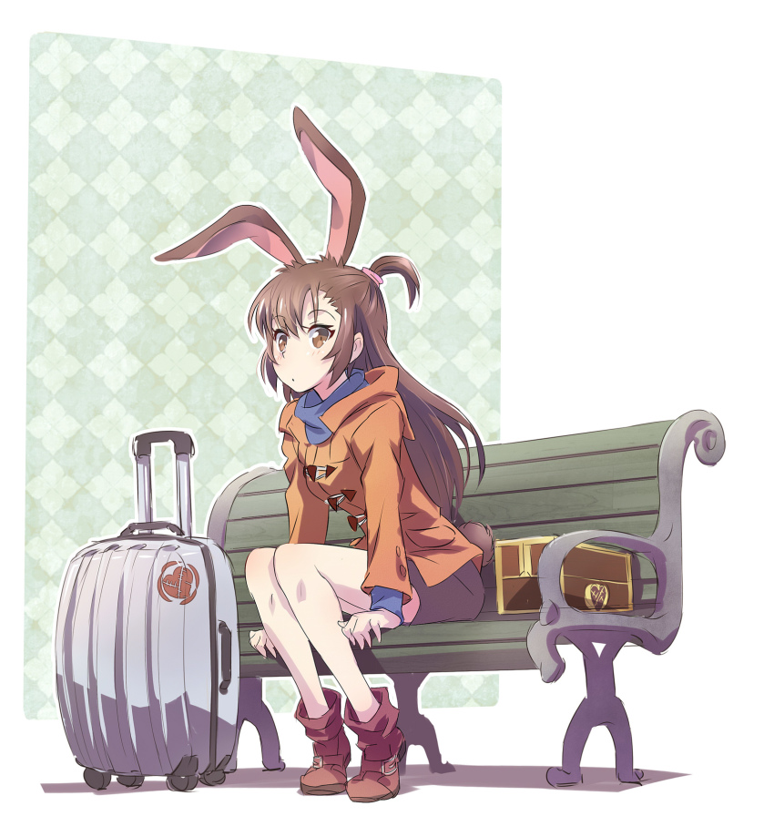 1girl animal_ears ankle_boots bench black_skirt boots box brown_boots brown_coat brown_eyes brown_hair buckle coat cosplay duffel_coat female_focus half_updo han_megumi highres iesupa jacket kagari_atsuko kagari_atsuko_(cosplay) leaning_forward little_witch_academia long_hair long_sleeves looking_at_viewer luggage miniskirt ponytail rabbit_ears rabbit_girl rabbit_tail rolling_suitcase rwby short_ponytail sitting skirt solo suitcase tail thighs velvet_scarlatina voice_actor_connection