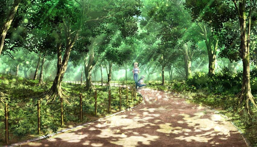 2girls blonde_hair breasts day dolphin_wave forest game_cg grey_hair highres kirahoshi_kanna landscape large_breasts multiple_girls nature non-web_source official_art outdoors park scenery selena_lewis sky squatting sunlight tree walking