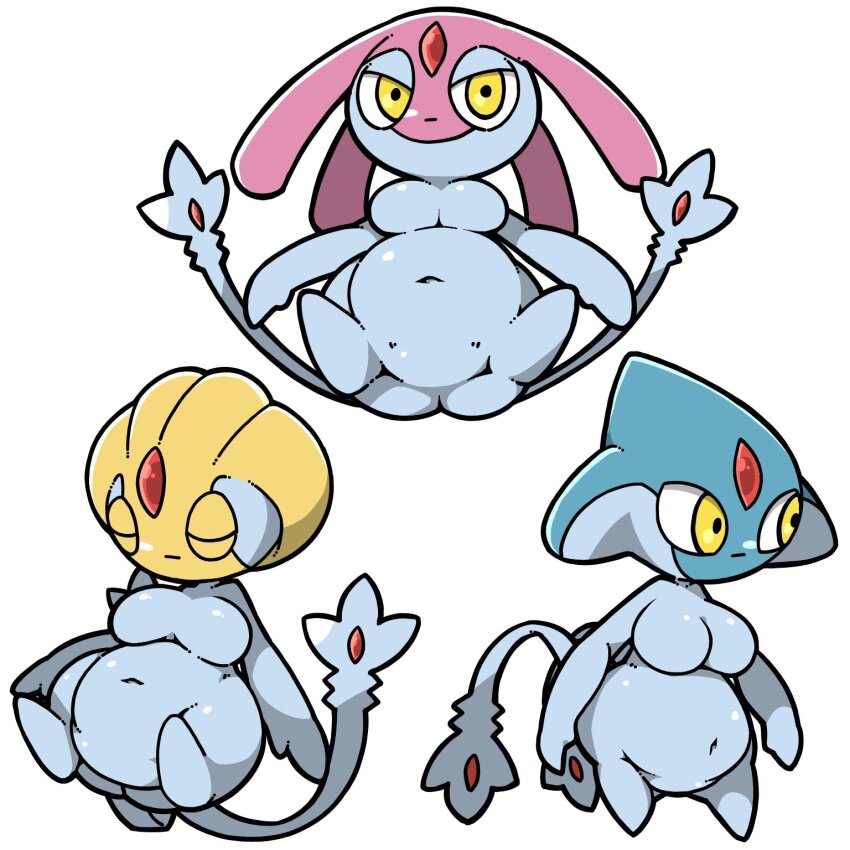 3girls :| azelf belly big_belly blue_skin breasts closed_eyes closed_mouth colored_skin creatures_(company) forehead_jewel game_freak gem gen_4_pokemon grey_skin grey_tail half-closed_eyes highres legendary_pokemon medium_breasts mesprit multicolored_skin multiple_girls multiple_tails name_omoitukan2 navel nintendo pink_skin pokemon pokemon_(creature) red_gemstone simple_background tail two-tone_skin two_tails uxie white_background yellow_eyes yellow_skin
