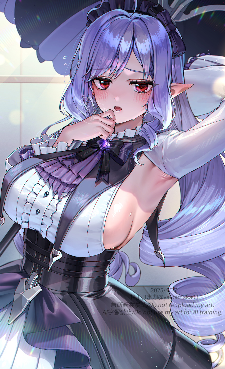 1girl absurdres arm_up armpits ascot blush bow bowtie breasts center_frills commentary_request dress flying_sweatdrops frills gem hairband highres holding holding_umbrella large_breasts looking_at_viewer mole mole_under_eye open_mouth pointy_ears presenting_armpit purple_ascot purple_bow purple_bowtie purple_gemstone purple_hair purple_hairband purple_umbrella red_eyes shrug_(clothing) sideboob signature solo umbrella vivian_(zenless_zone_zero) white_dress white_shrug yayoi_maka zenless_zone_zero