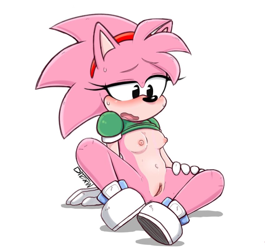 1girl amy_rose animal arm_support black_eyes blue_shoes blush bottomless breasts classic_amy_rose clothes_lift ditoxin embarrassed functionally_nude furry gloves green_shirt hairband hedgehog hedgehog_girl highres loli looking_down navel nipples nude open_mouth pink_fur pink_hair puffy_sleeves pussy sega shirt shirt_lift shoes short_hair short_sleeves sitting small_breasts sneakers sonic_(series) spiked_hair spread_legs sweat white_background white_gloves