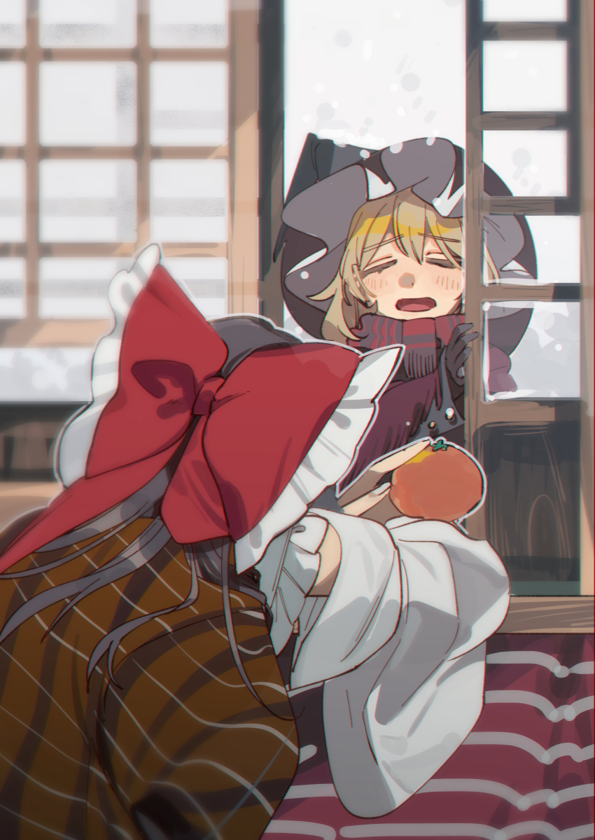 2girls absurdres black_gloves blonde_hair blush bow brown_hair closed_eyes commentary_request detached_sleeves food frilled_bow frills fruit gloves hair_bow hakurei_reimu hat highres kirisame_marisa kotatsu long_hair mandarin_orange multi-source_commentary multiple_girls open_mouth red_bow red_scarf scarf shi_chimi shouji sliding_doors snowing table touhou under_kotatsu under_table winter_clothes witch_hat
