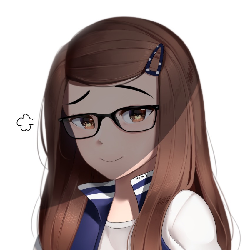 1girl black-framed_eyewear brown_eyes brown_hair commentary english_commentary female_focus fictional_persona glasses hair_ornament hairclip highres long_hair looking_at_viewer original portrait puff_of_air sasoura simple_background smile smug solo white_background