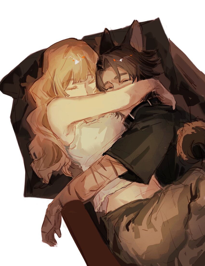 1boy 1girl animal_collar animal_ears black_shirt brown_hair brown_pants catherine_(project_moon) closed_eyes collar couch couple dress heathcliff_(project_moon) hetero highres hug limbus_company ling_zhiyun long_hair lying on_side pants parted_bangs project_moon shirt short_sleeves simple_background sleeveless sleeveless_dress tail white_background white_dress wolf_ears wolf_tail