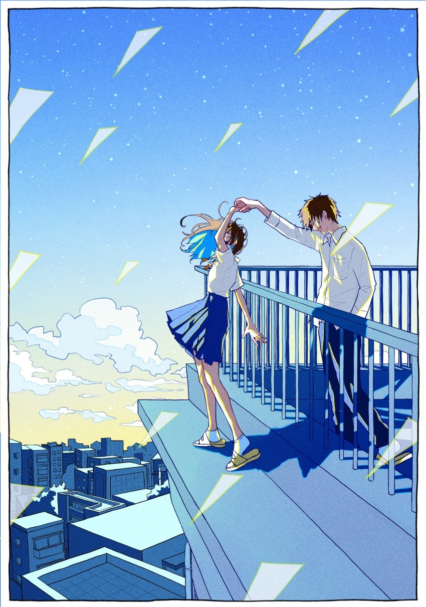 1boy 1girl 76oi blue_hair blue_pants blue_skirt border brown_hair building closed_eyes cloud collared_shirt colored_inner_hair commentary_request dress_shirt film_grain hand_in_pocket highres ledge long_hair long_sleeves multicolored_hair neck_ribbon open_mouth original pants pleated_skirt railing red_ribbon ribbon sandals school_uniform shirt shirt_tucked_in short_hair short_sleeves skirt sky slippers socks star_(sky) starry_sky white_border white_shirt white_socks yellow_sandals