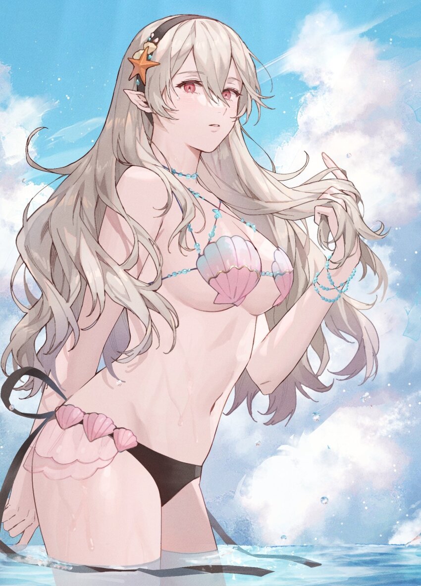 1girl ai_tkkm arm_behind_back bare_shoulders beads bikini black_hairband breasts clam_shell cloud cloudy_sky eyelashes female_corrin_(cipher_shell_bikini)_(fire_emblem) female_corrin_(fire_emblem) fire_emblem fire_emblem_cipher fire_emblem_fates grey_hair hairband headband highres large_breasts long_hair looking_at_viewer looking_down navel nintendo ocean official_alternate_costume parted_lips partially_submerged pointy_ears red_eyes shell shell_bikini sky solo standing starfish starfish_hair_ornament swimsuit water wet