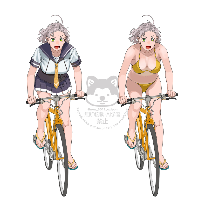 1girl antenna_hair bicycle bikini blue_scrunchie breasts green_eyes grey_hair hair_tie highres kantai_collection kinugasa_(kancolle) kinugasa_kai_ni_(kancolle) medium_breasts medium_hair multiple_views neckerchief necktie ojipon one_side_up open_mouth purple_sailor_collar purple_skirt riding sailor_collar sandals school_uniform scrunchie serafuku simple_background skirt swimsuit watermark white_background yellow_bikini yellow_neckerchief yellow_necktie