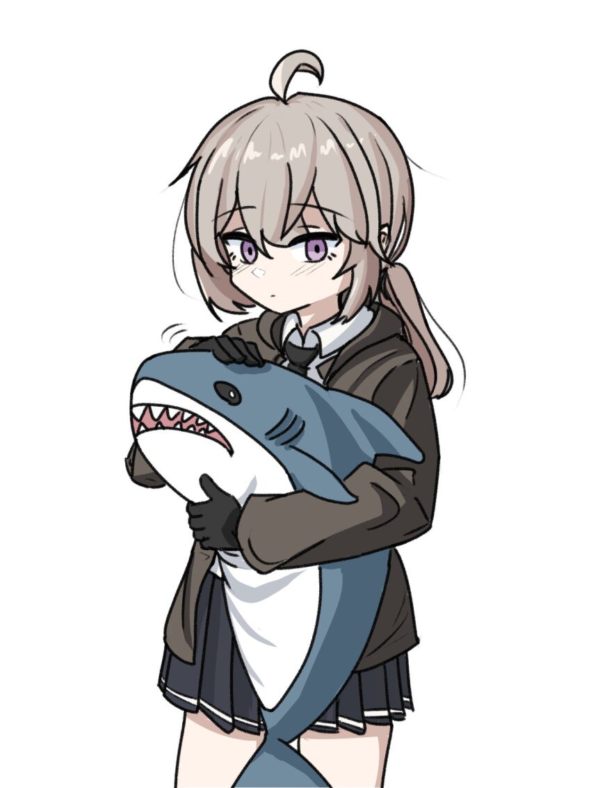1girl black_gloves black_necktie black_skirt blush brown_hair brown_jacket closed_mouth coldlunch collared_shirt commentary cowboy_shot english_commentary girls&#039;_frontline gloves hair_between_eyes highres holding holding_stuffed_toy hood hood_down hooded_jacket ikea_shark jacket long_hair looking_at_viewer low_ponytail m200_(girls&#039;_frontline) necktie open_clothes open_jacket petting pleated_skirt ponytail purple_eyes serious shirt sidelocks simple_background skirt solo stuffed_animal stuffed_shark stuffed_toy thighs white_background