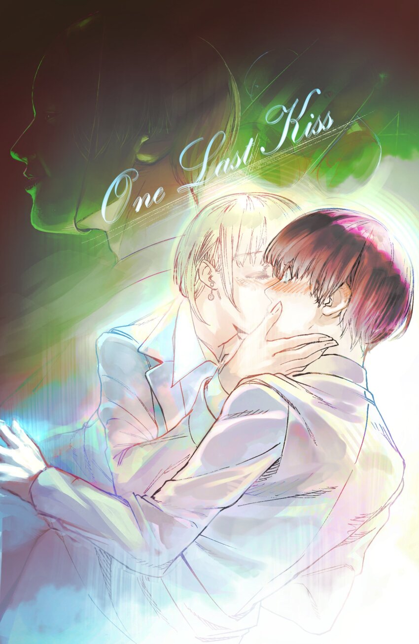 1boy 1girl absurdres ammenite black_hair blonde_hair blush choujin_x couple earrings english_text green_background hartley_(choujin_x) hetero highres hoshi_batista_(choujin_x) husband_and_wife jewelry kiss lab_coat mask noh_mask noh_mask_(choujin_x) surprise_kiss surprised