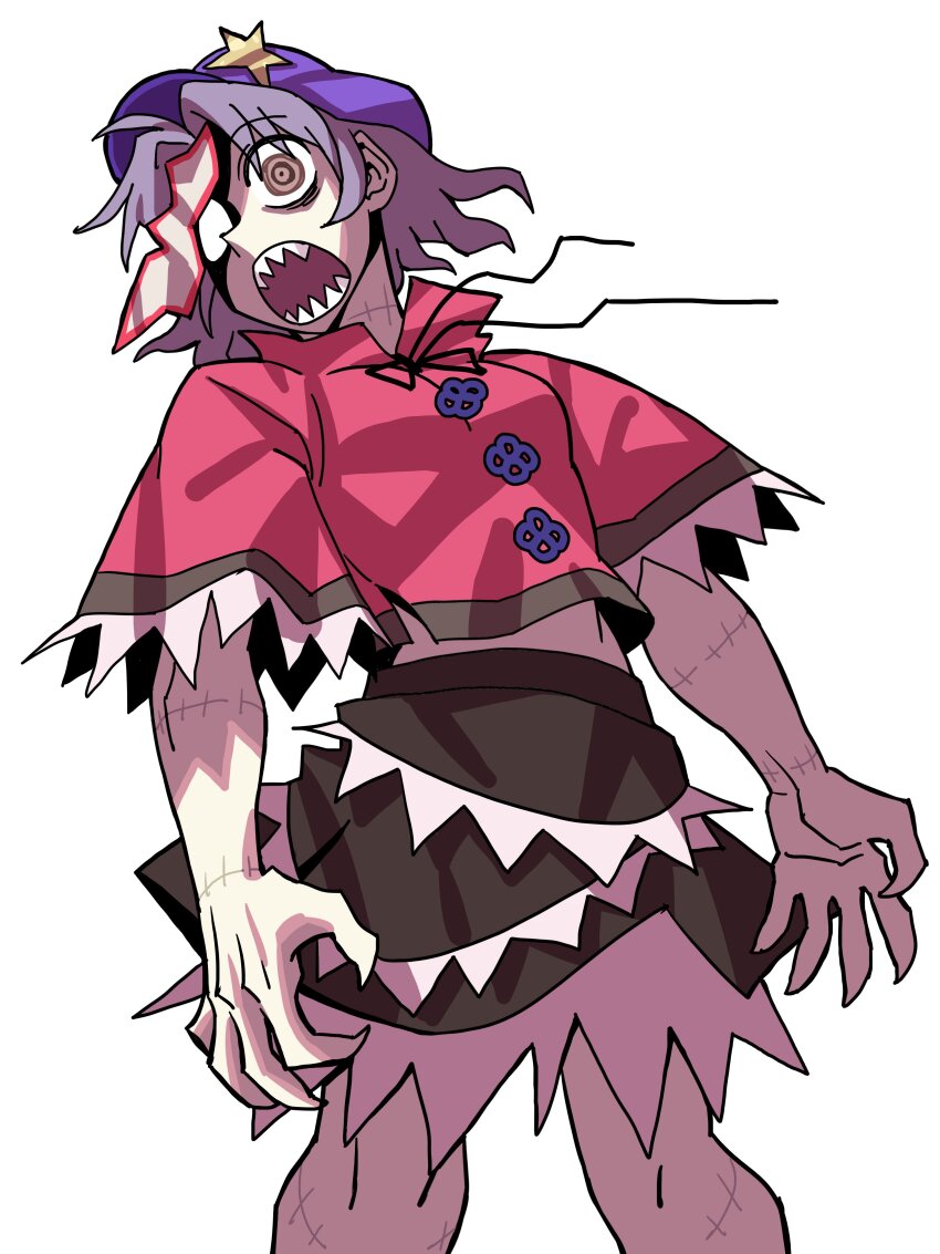 1girl absurdres black_skirt capelet commentary eddybird55555 grey_eyes grey_hair hat hat_ornament highres jiangshi looking_at_viewer miyako_yoshika multiple_scars ofuda open_mouth purple_hat red_capelet scar sharp_teeth short_hair simple_background skirt solo star_(symbol) star_hat_ornament teeth touhou white_background