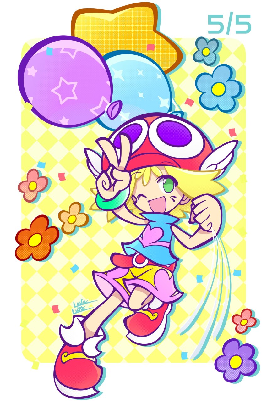 1girl ;d absurdres amitie_(puyopuyo) argyle_background arm_up armband balloon belt blonde_hair blue_shirt border character_hat clenched_hand confetti dated deformed dot_nose drop_shadow flipped_hair flipped_sidelocks flower_symbol full_body green_armband green_eyes halftone hand_up happy hat heart heart_print highres holding holding_balloon knee_up leslietheluna no_pupils official_style one_eye_closed open_mouth pigeon-toed pink_shirt pink_shorts puyopuyo puyopuyo_fever red_belt red_hat red_shoes saturated shirt shoes short_hair shorts signature sleeveless sleeveless_shirt smile solo standing standing_on_one_leg star_balloon turtleneck turtleneck_shirt two-tone_shirt two-tone_shorts v white_border winged_hat yellow_background yellow_shorts