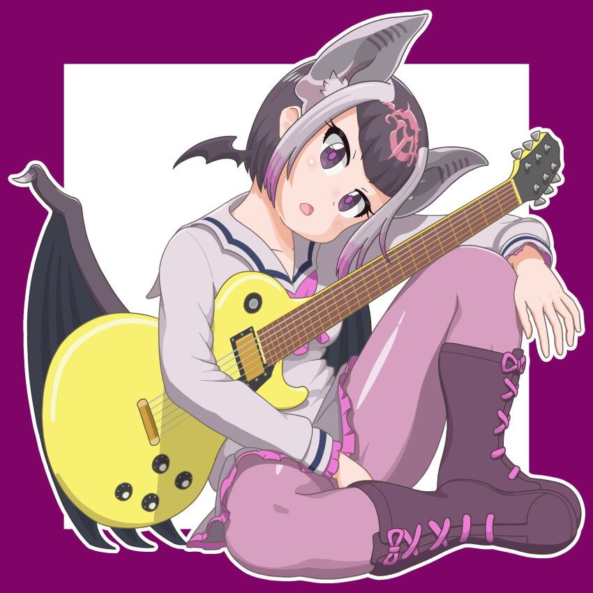 1girl animal_ears bat_ears bat_girl bat_wings boots collared_shirt common_vampire_bat_(kemono_friends) electric_guitar extra_ears frilled_skirt frilled_sleeves frills full_body grey_hair guitar head_tilt highres instrument kemono_friends long_sleeves looking_at_viewer multicolored_hair neckerchief open_mouth pantyhose pleated_skirt purple_boots purple_eyes purple_hair purple_neckerchief purple_pantyhose purple_shirt sailor_collar school_uniform serafuku shirt sidelocks sitting skirt solo waffle_(3sqxhfadeegfiux) wings