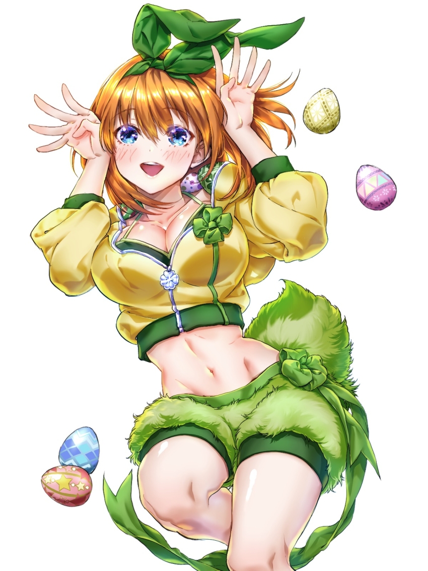 1girl bike_shorts bike_shorts_under_shorts blue_eyes breasts cleavage collarbone cropped_jacket easter_egg egg fur_shorts go-toubun_no_hanayome green_ribbon green_shorts hair_ribbon hands_up highres jacket knees large_breasts midriff nakano_yotsuba navel open_mouth orange_hair ribbon short_hair shorts simple_background solo teeth upper_teeth_only yellow_jacket yu_(flowerbird3830)