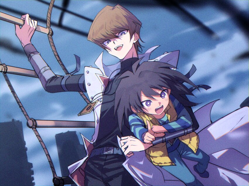 2boys aircraft black_hair black_pants black_shirt blue_shirt brothers brown_hair card_pendant coat helicopter kaiba_mokuba kaiba_seto male_focus moemoenomori multiple_boys open_mouth pants rope_ladder shirt siblings smile striped_clothes striped_shirt teeth upper_teeth_only vest white_coat yellow_vest yu-gi-oh! yu-gi-oh!_duel_monsters