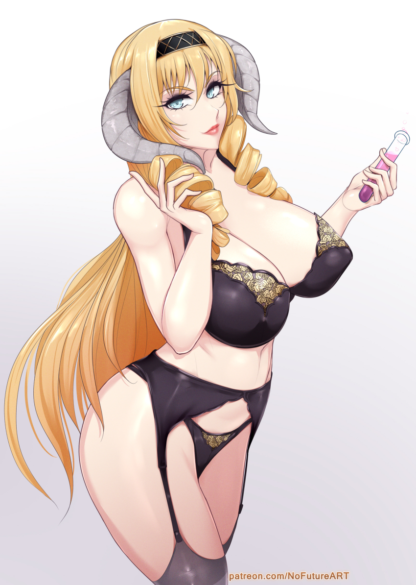 1girl artist_name bare_shoulders black_bra black_panties blonde_hair blue_eyes blush bra breasts cleavage collarbone commentary contrapposto covered_erect_nipples cowboy_shot demon_girl demon_horns drill_hair elixir english_commentary garter_belt garter_straps gradient_background grey_background hair_between_eyes hairband highres holding horns lace lace-trimmed_bra lace-trimmed_panties lace_trim large_breasts lingerie lips long_hair looking_at_viewer mammon_(sin_nanatsu_no_taizai) mammon_(the_seven_deadly_sins) mature_female nail_polish navel nipples nofuture panties parted_lips patreon_username pointy_ears simple_background skindentation smile solo standing the_seven_deadly_sins thick_thighs thighhighs thighs twin_drills underwear underwear_only very_long_hair