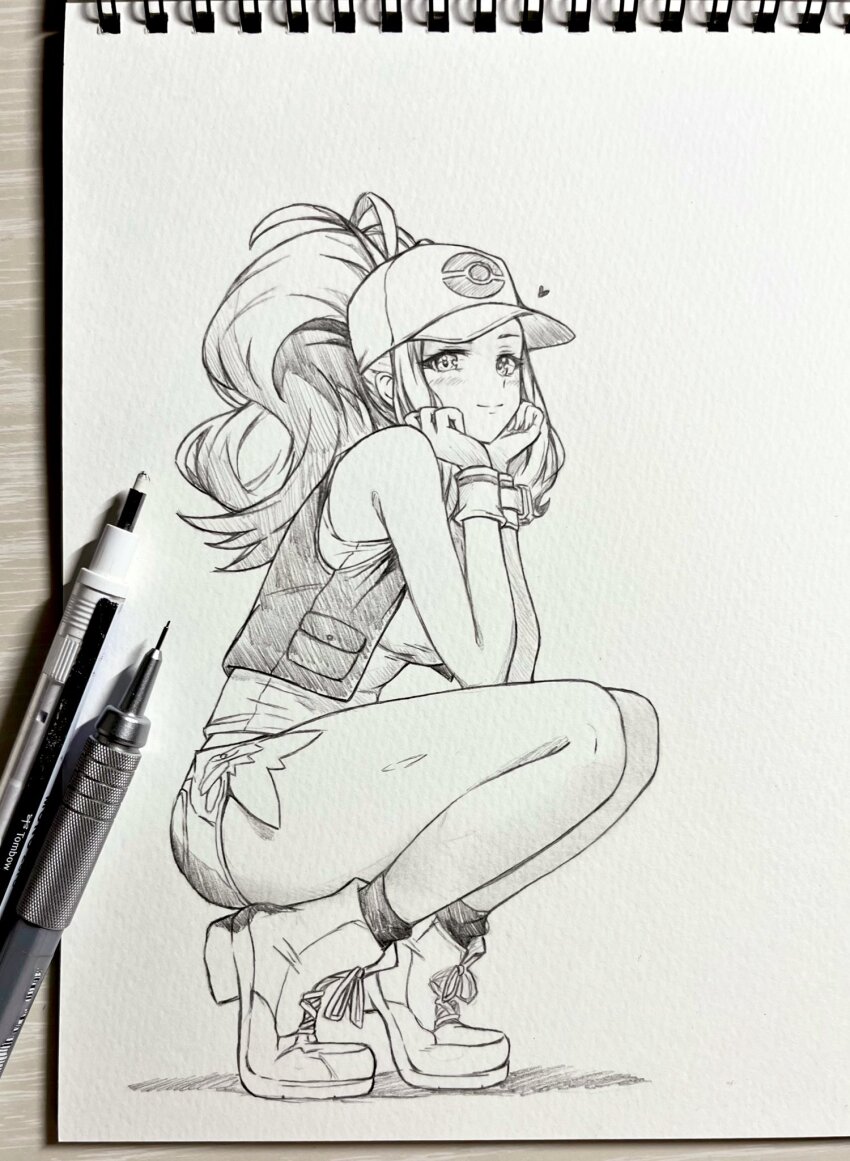 1girl art_tools_in_frame baseball_cap breasts commentary_request hat high_heels highres hilda_(pokemon) large_breasts long_hair monochrome nintendo photo_(medium) pokemon pokemon_bw ponytail seishun_dendeke shorts sidelocks solo squatting thighs