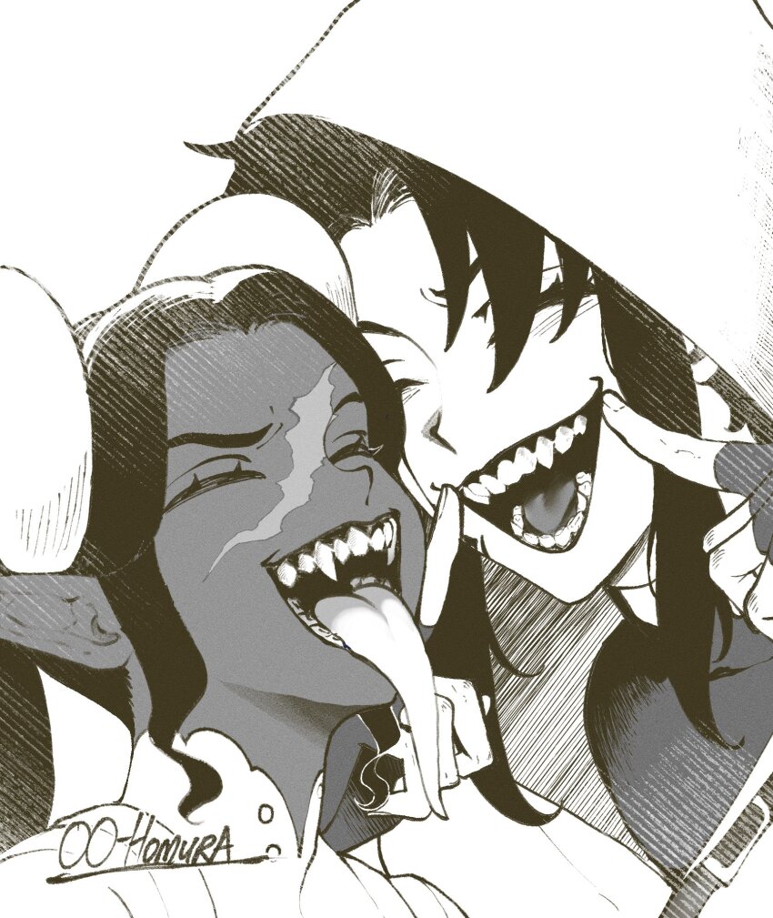 2girls highres long_tongue multiple_girls nyantcha tagme tongue tongue_out