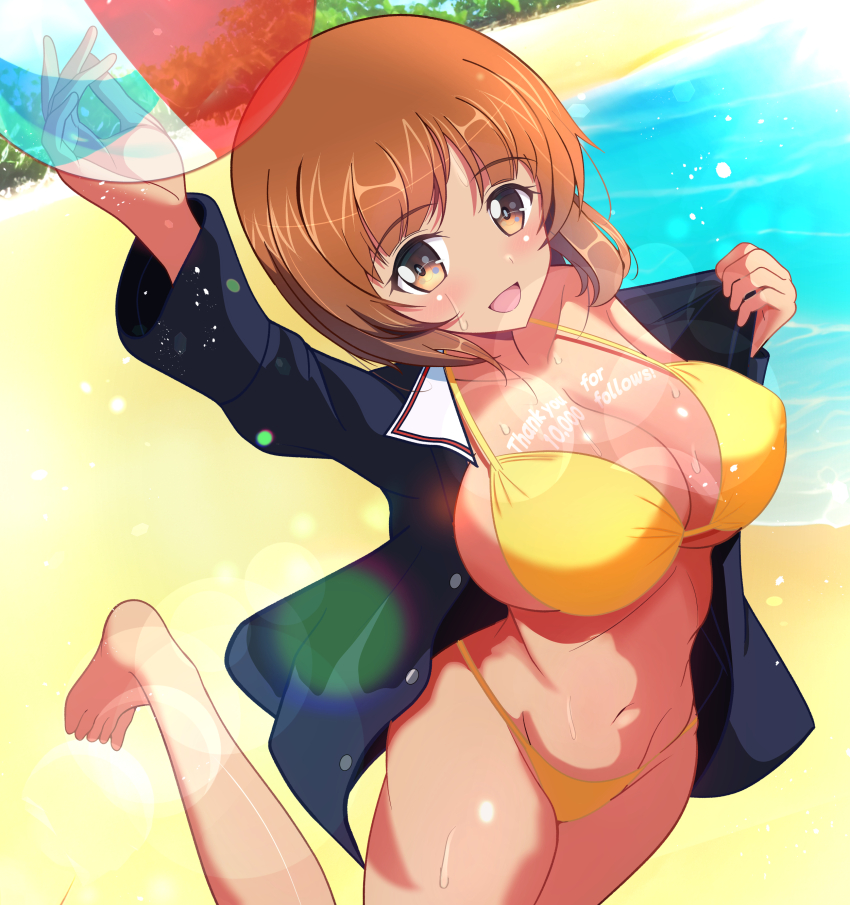 1girl absurdres ball beach beachball bikini blue_jacket bra breasts brown_eyes brown_hair commentary_request day girls_und_panzer highres jacket jumping kumaisao large_breasts looking_at_viewer navel nishizumi_miho ooarai_military_uniform outdoors school_uniform short_hair smile solo swimsuit tan underwear water white_bikini yellow_bikini yellow_bra