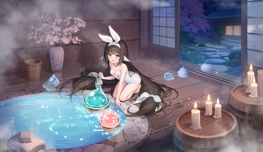 1girl :d absurdly_long_hair absurdres azur_lane barefoot bath black_hair blush breasts brown_eyes hair_ribbon hair_spread_out harutsuki_(azur_lane) harutsuki_(little_steamy_sprite)_(azur_lane) highres kneeling long_hair looking_at_viewer non-web_source official_alternate_costume official_art open_mouth ribbon small_breasts smile solo very_long_hair water white_ribbon