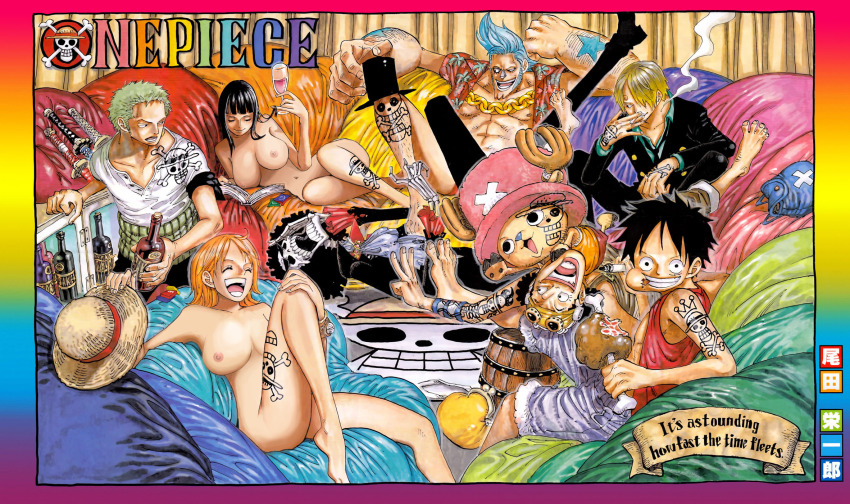 2girls 6+boys alcohol barefoot barrel beer beer_bottle black_eyes black_hair blonde_hair blue_hair blue_shorts breasts brook_(one_piece) chain cigarette cup drinking_glass closed_eyes facial_tattoo food franky_(one_piece) gold_chain green_hair hat highres looking_at_viewer meat monkey_d._luffy multiple_boys multiple_girls nami_(one_piece) nico_robin nipples nude_filter oda_eiichirou one_piece open_mouth orange_hair roronoa_zoro sanji_(one_piece) short_hair shorts shoulder_tattoo smoking straw_hat sword tagme tattoo leg_tattoo third-party_edit tony_tony_chopper usopp weapon wine_glass