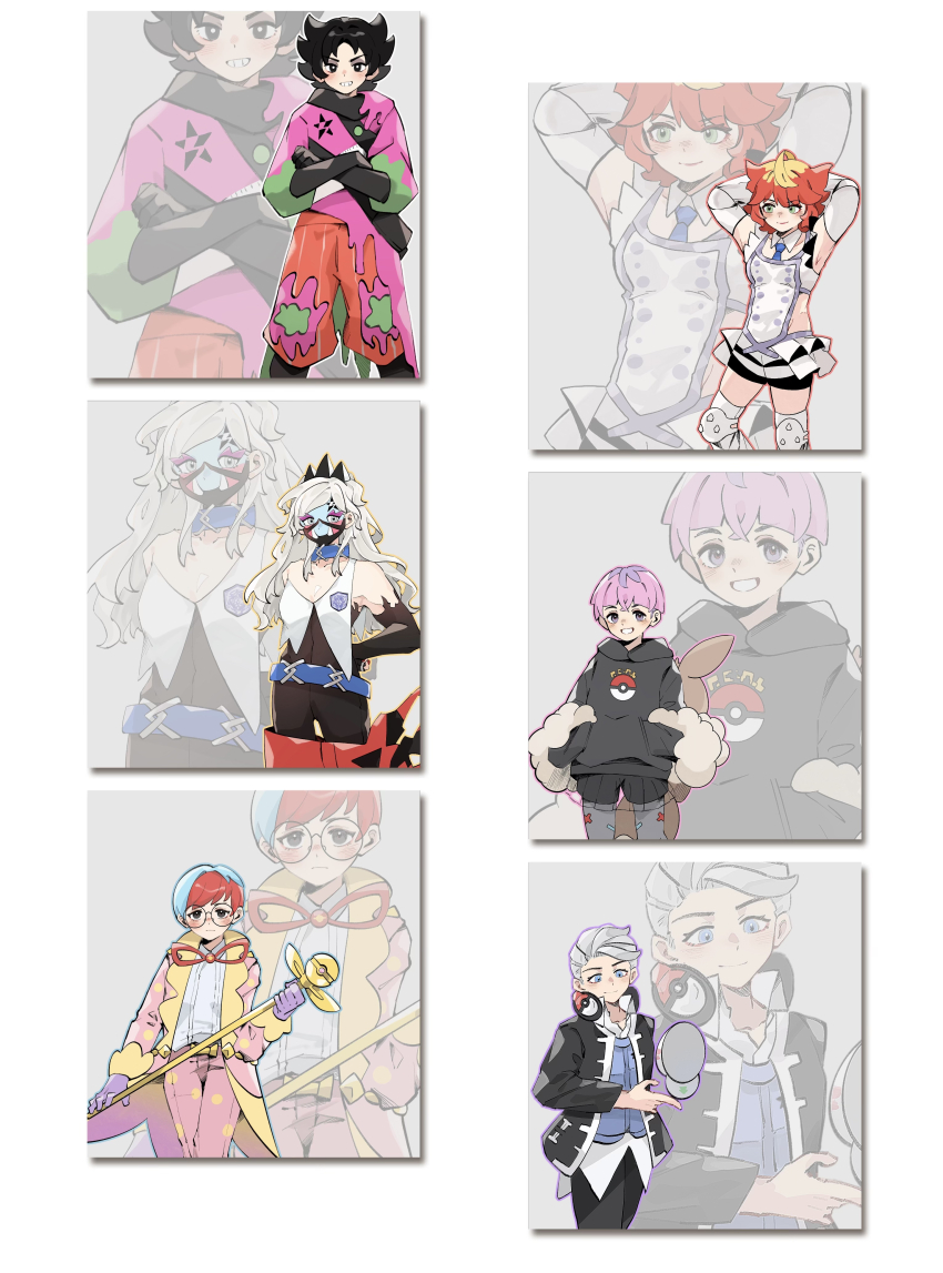 3boys 3girls absurdres ahoge arms_behind_head atticus_(pokemon) atticus_(pokemon)_(cosplay) backpack bag black_eyes black_gloves black_hair black_hoodie black_jacket black_pants black_shorts blonde_hair blue_hair blue_necktie blue_vest boots bright_pupils brown_bag cane closed_mouth coat collared_shirt commentary cosplay costume_switch crossed_arms dafenpipixia detached_collar eri_(pokemon) eri_(pokemon)_(cosplay) facepaint giacomo_(pokemon) giacomo_(pokemon)_(cosplay) glasses gloves grey_eyes grey_hair grin hands_in_pockets headphones highres holding holding_cane hood hoodie jacket logo looking_at_viewer mela_(pokemon) mela_(pokemon)_(cosplay) multicolored_hair multiple_boys multiple_girls necktie nintendo open_clothes open_coat ortega_(pokemon) ortega_(pokemon)_(cosplay) pants pantyhose penny_(pokemon) penny_(pokemon)_(cosplay) pink_coat pink_hair pink_pants poke_ball_print pokemon pokemon_sv red_footwear red_hair round_eyewear see-through_clothes see-through_skirt shirt shoes short_hair shorts skirt smile standing star_(symbol) team_star teeth thigh_boots two-tone_hair vest white_background white_pupils white_shirt white_vest yellow_footwear