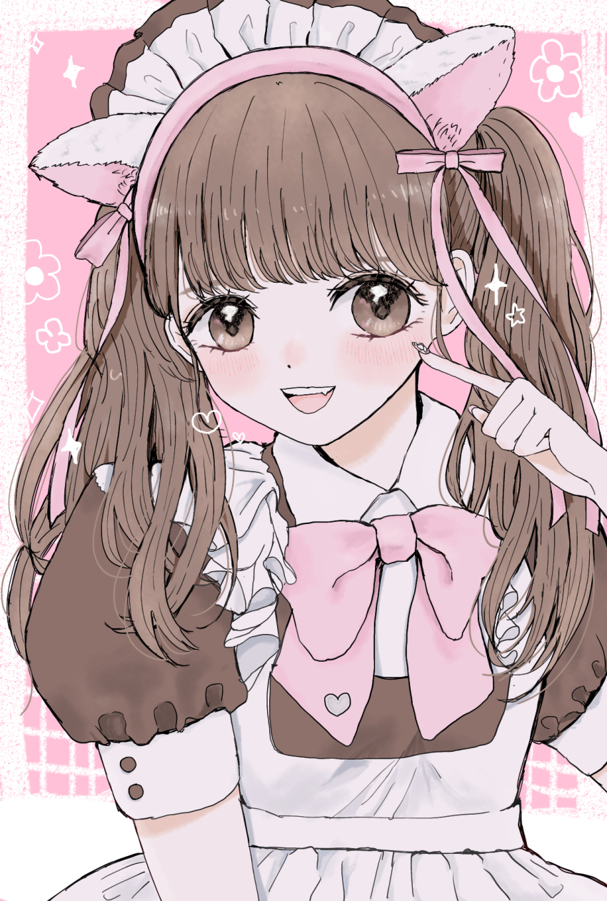 1girl :d animal_ears bow brown_eyes brown_hair cat_ears fang hair_ribbon hand_up highres maid maid_headdress open_mouth original otoneko78 pink_background pink_bow pink_ribbon puffy_short_sleeves puffy_sleeves ribbon short_sleeves simple_background smile twintails