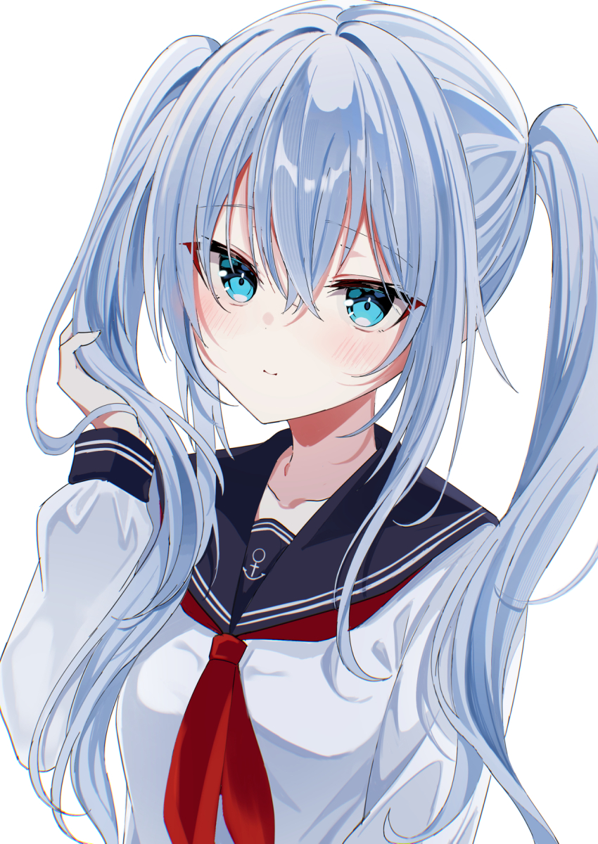 1girl alternate_hairstyle black_sailor_collar blue_eyes commentary_request fathom grey_hair hibiki_(kancolle) highres holding holding_own_hair kantai_collection long_hair looking_at_viewer neckerchief red_neckerchief sailor_collar sailor_shirt shirt simple_background solo twintails upper_body white_background white_shirt