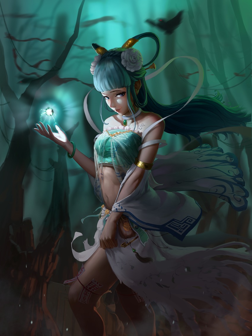 1girl adapted_costume alternate_hairstyle animal armlet bandeau bangle bare_shoulders bare_tree bird blue_eyes blue_hair blunt_bangs blurry blurry_background bracelet braid branch breasts chest_tattoo choker closed_mouth collarbone cowboy_shot crow crown_braid detached_sleeves energy_ball eyelashes female_focus flower forest gem glowing glowing_eye green_eyes green_gemstone green_hair hair_flower hair_ornament hair_rings hair_stick hand_up highres jewelry kaku_seiga kiseru leaf_print leg_ribbon light_smile lipstick long_hair looking_at_viewer makeup mascara matching_hair/eyes medium_breasts midriff nature navel night ofuda outdoors pink_lips pouch red_eyes red_ribbon ribbon sarena shawl sidelocks skirt smile smirk smoking_pipe solo stomach strapless tassel tattoo tobacco torn_clothes torn_skirt touhou tree trunk walking white_flower wind