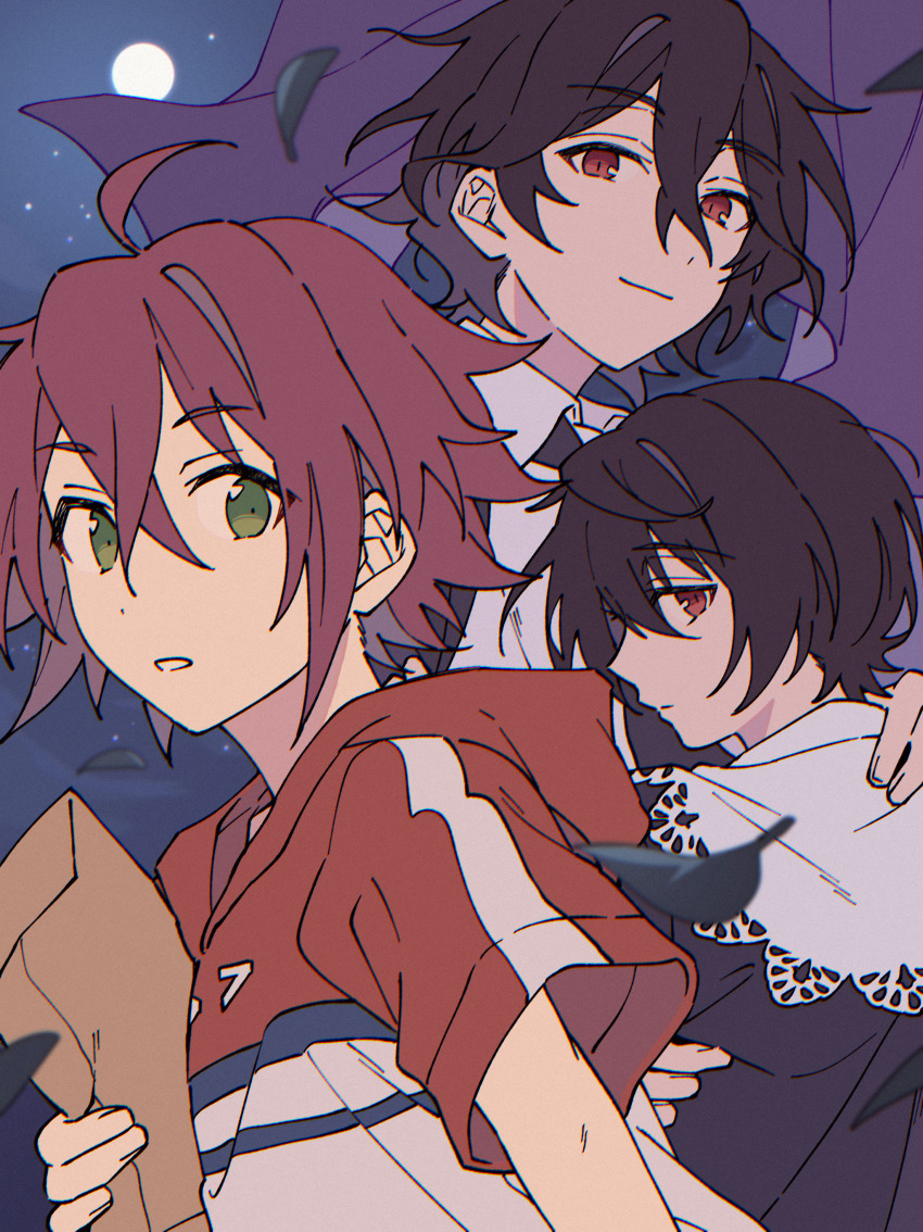 3boys absurdres aged_down ahoge bag bishounen black_hair black_petals blue_hoodie brothers brown_bag chromatic_aberration ensemble_stars! falling_petals green_eyes hand_on_another&#039;s_shoulder hand_up highres holding holding_bag hood hooded_shirt hoodie isara_mao looking_back looking_to_the_side male_focus moon multicolored_hoodie multiple_boys multiple_girls night niyororinpayamaru paper_bag parted_lips petals projected_inset red_eyes red_hair red_hoodie sakuma_rei_(ensemble_stars!) sakuma_ritsu short_sleeves siblings white_hoodie