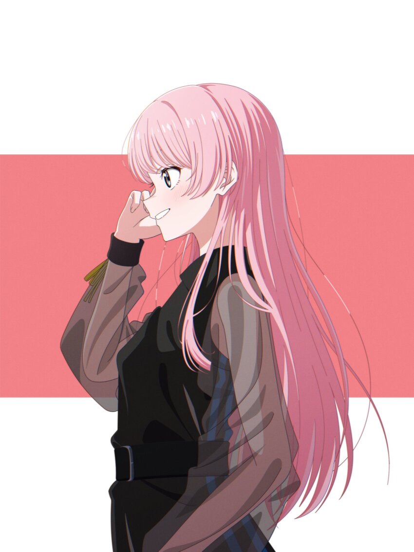 1girl bang_dream! bang_dream!_it&#039;s_mygo!!!!! belt black_belt blush chihaya_anon commentary grey_eyes hand_up highres long_hair long_sleeves open_mouth pink_background pink_hair see-through_clothes see-through_sleeves sidelocks solo two-tone_background white_background yasou0049