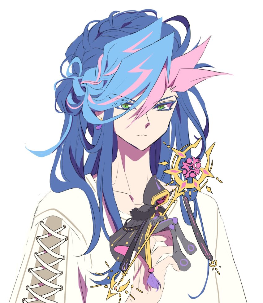 1girl 1other ai_(yu-gi-oh!) black_cloak black_hood braid cloak colored_bangs crossed_arms crossed_legs expressionless eyes_visible_through_hair facing_to_the_side fujiki_yusaku fur-trimmed_cloak fur_trim genderswap genderswap_(mtf) green_eyes hair_between_eyes hair_up highres holding holding_mini_person holding_staff hood hood_up humanoid_robot lace-trimmed_sleeves lace_trim long_hair looking_at_viewer mini_person ponytail robot side_braid single_braid sitting_on_hand spiked_hair staff sweater upper_body white_sweater yu-gi-oh! yu-gi-oh!_vrains zackpyo