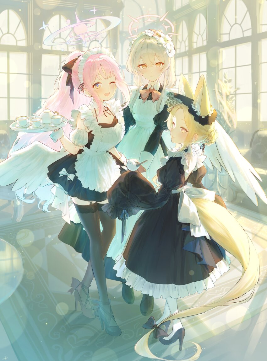 1girl absurdres alternate_costume alternate_hairstyle animal_ear_fluff animal_ears apron bird black_boots black_bow black_dress black_ribbon black_thighhighs blonde_hair blue_archive boots bow brown_eyes chair choker commentary_request cup dress eshineko extra_ears flower fox_ears fox_girl fox_tail frilled_choker frilled_dress frills full_body gradient_eyes hair_between_eyes hair_flower hair_ornament hair_ribbon halo high_heels highres holding holding_tray indoors long-tailed_tit long_hair long_sleeves long_tail looking_at_viewer maid maid_apron maid_headdress mika_(blue_archive) multicolored_eyes nagisa_(blue_archive) one_eye_closed pantyhose parted_lips pink_hair ponytail red_bow red_eyes ribbon seia_(blue_archive) sidelocks skirt_hold sleeves_past_fingers sleeves_past_wrists solo standing table tail tail_bow tail_ornament tea_set teacup teapot thighhighs tit_(bird) tray white_bird white_choker white_pantyhose white_wings wings yellow_eyes