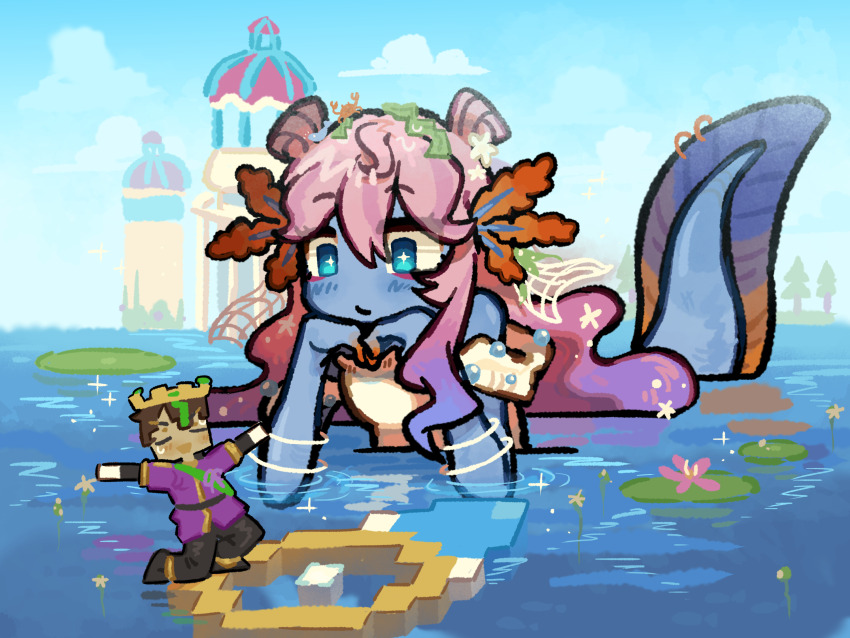 1boy 1girl aqua_eyes axolotl_girl blue_skin castle chinese_commentary colored_skin commentary_request crown double_bun empires_smp fishing_net gills hair_bun highres ldshadowlady ldshadowlady_(ocean_queen) lily_pad looking_at_another minecraft minecraft_youtube monster_girl ocean ocean_empire_(empires_smp) pink_hair smallishbeans smallishbeans_(mezalea) tail yuzuki_makata