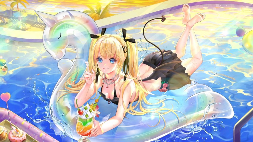 1girl artist_collaboration background_lightning bare_back bare_shoulders beach beach_chair black_skirt blonde_hair blue_eyes bow breasts cherry cleavage colorful cup cupcake dead_or_alive dessert drink drinking_glass drinking_straw feet flower food fruit hair_bow heart highres jewelry kiwi_(fruit) long_hair marie_rose ocean official_art palm_tree pool pool_float reflecting_pool reflection reflective_water rubber_duck skirt smile splashing stone_wall sunset tail tongue tongue_out tray tree twintails umbrella wall water water_droplets whipped_cream wings