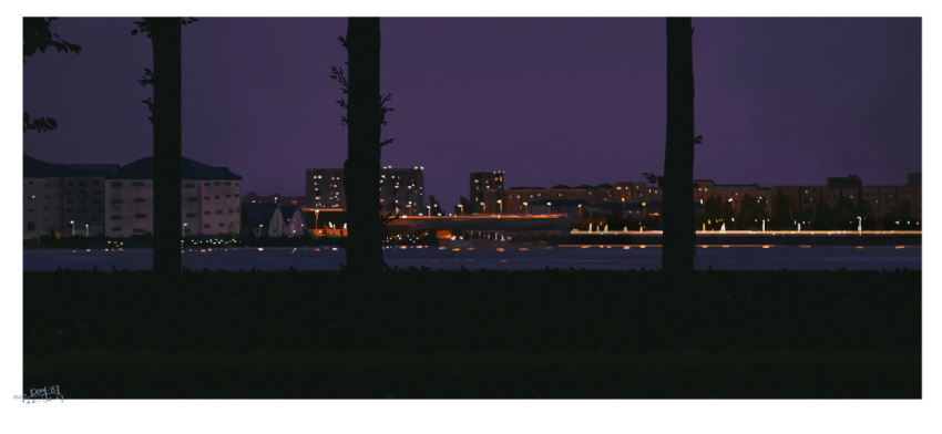 border bridge chinese_commentary city commentary_request dated dusk grass lake lamppost leaf no_humans one-hour_drawing_challenge original outdoors purple_skirt sanshui_guantang scenery signature skirt tree white_border