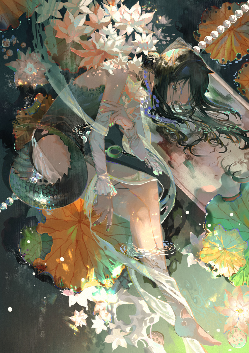 1girl arknights bare_shoulders bead_necklace beads black_eyes black_hair black_one-piece_swimsuit blacknight_(arknights) blacknight_(summer_flower)_(arknights) covered_mouth crocodilian_tail detached_sleeves disanfangfanyongxing eyelashes fingernails flower full_body glowing_nails green_nails highres horns jewelry lily_pad long_hair looking_ahead nail_polish necklace official_alternate_costume one-piece_swimsuit partially_submerged pink_flower ripples solo swimsuit tail water water_lily_flower white_sleeves