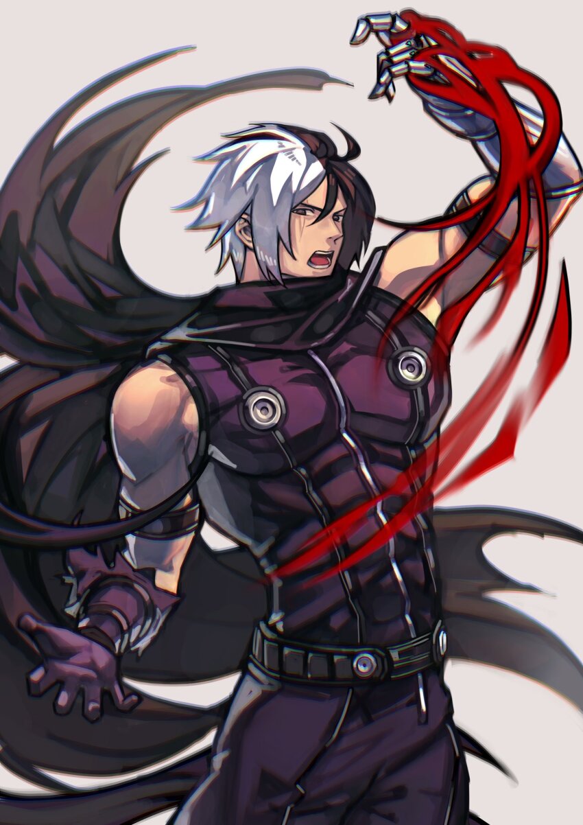 black_cloak black_hair cloak facial_scar fire gloves highres looking_at_viewer male_focus metal_gloves multicolored_hair muscular muscular_male nameless_(kof) open_mouth pyrokinesis red_fire scar scar_across_eye scar_on_cheek scar_on_face short_hair snk solo split-color_hair syachiiro the_king_of_fighters the_king_of_fighters_2002 two-tone_hair white_hair