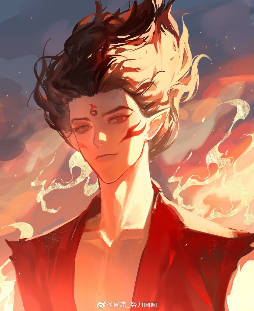 1boy absurdres brown_hair chinese_commentary closed_mouth collarbone facial_mark fire forehead_mark highres long_hair looking_at_viewer male_focus nezha_(nezha_zhi_motong_jiangshi) nezha_zhi_motong_jiangshi open_clothes pointy_ears red_eyes red_vest sleeveless smile solo upper_body vest watermark weibo_watermark xu_liang