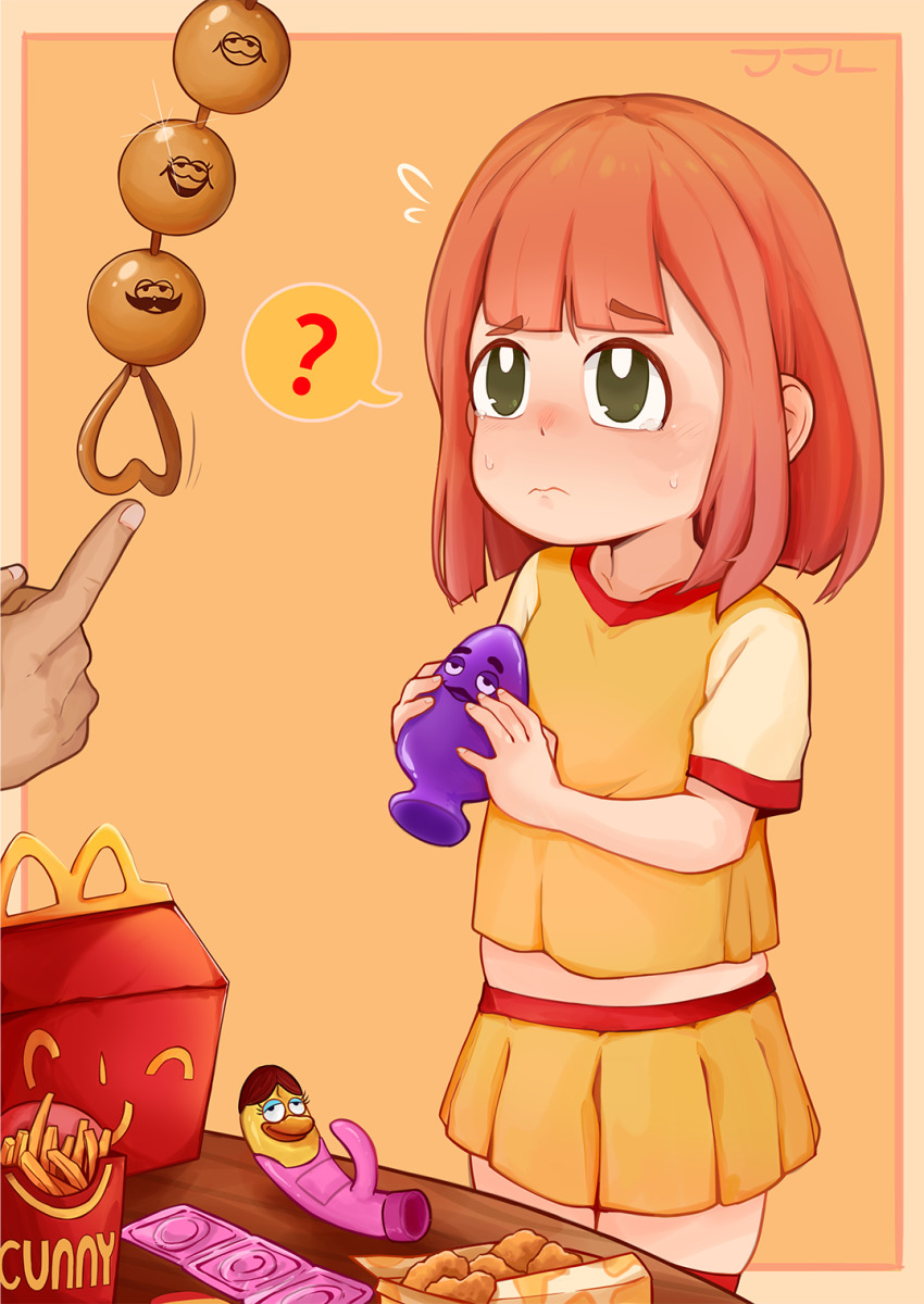 1boy 1girl artist_logo blush closed_mouth confused daughter_(yoru_mac) dildo dot_nose embarrassed eyebrows_hidden_by_hair fingernails food green_eyes hetero logo loli mcdonald&#039;s medium_hair orange_background orange_hair oscarlllll red_shirt red_skirt sex_toy shirt short_hair simple_background skirt solo_focus standing tears two-tone_shirt two-tone_skirt yellow_shirt yellow_skirt yoru_mac
