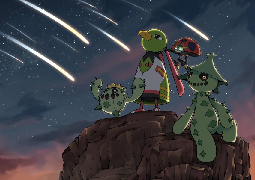 absurdres black_eyes bright_pupils cacnea cacturne closed_mouth cloud commentary_request from_below gen_2_pokemon gen_3_pokemon gen_8_pokemon highres looking_up meteor_shower night nintendo no_humans orbeetle outdoors pokemon pokemon_(creature) q-chan sitting sky star_(sky) white_pupils xatu